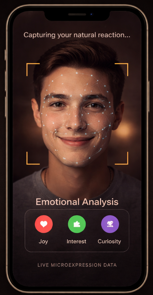 Attune app screenshot showing facial biometrics capture for emotion-based dating